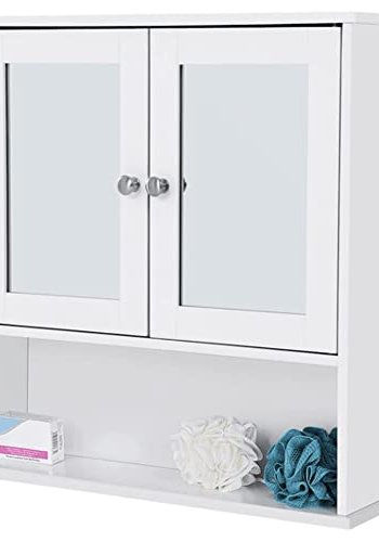 VASAGLE baderoms overskap, m. 2 speildrer og 2 hyller - hvit MDF