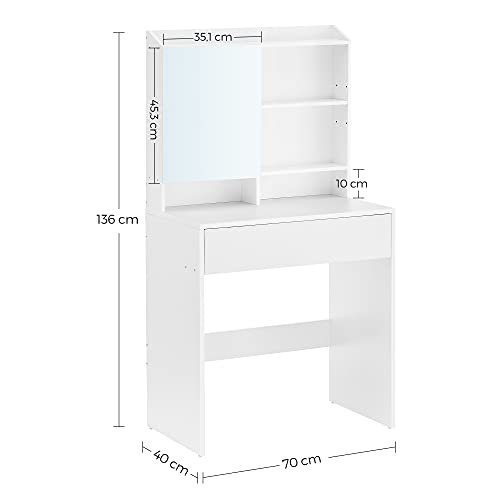 VASAGLE Schminktisch, mit Spiegel, 1 Schublade und 2 Ablagen – Spiegelglas und weiße Spanplatte (70x40)