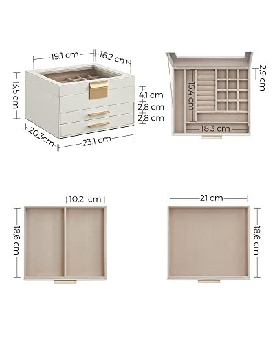 SONGMICS smykkeskrin, 3-lags, med glasslokk og 2 skuffer - gull og hvitt kunstskinn