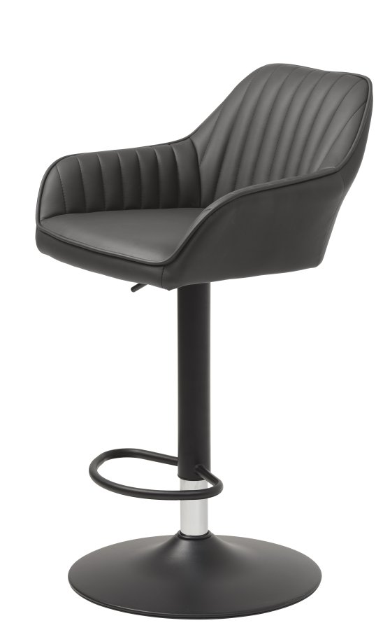 Brooks Barhocker mit Rückenlehne, Armlehnen, Fußstütze und Gasdruckfeder – dunkelgraues PU und schwarzes Metall