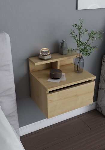 FUNZI LIVING Alice vegghengt nattbord, m. oppbevaring - eik melamin (39,8x31,9)