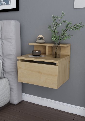 FUNZI LIVING Alice vegghengt nattbord, m. oppbevaring - eik melamin (39,8x31,9)