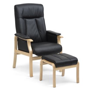 Oxford ftölj, inkl. fotpall - svart konstläder och naturligt trä