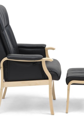 Oxford Relaxsessel, inklusive Fußhocker – schwarzes Kunstleder und Naturholz