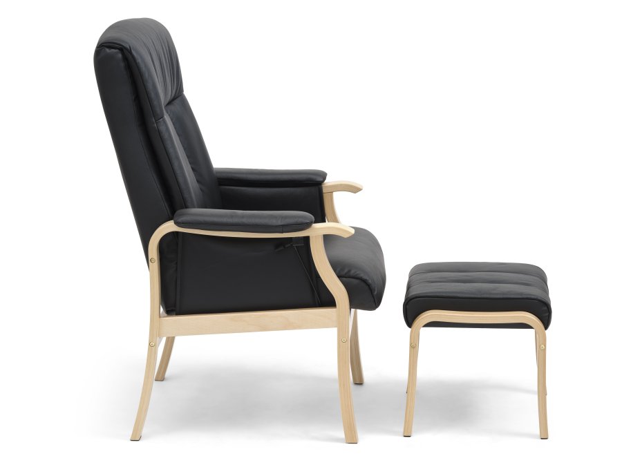 Oxford Relaxsessel, inklusive Fußhocker – schwarzes Kunstleder und Naturholz