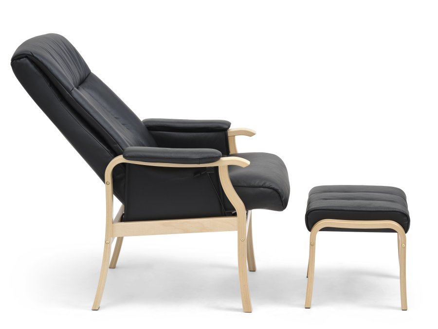 Oxford Relaxsessel, inklusive Fußhocker – schwarzes Kunstleder und Naturholz