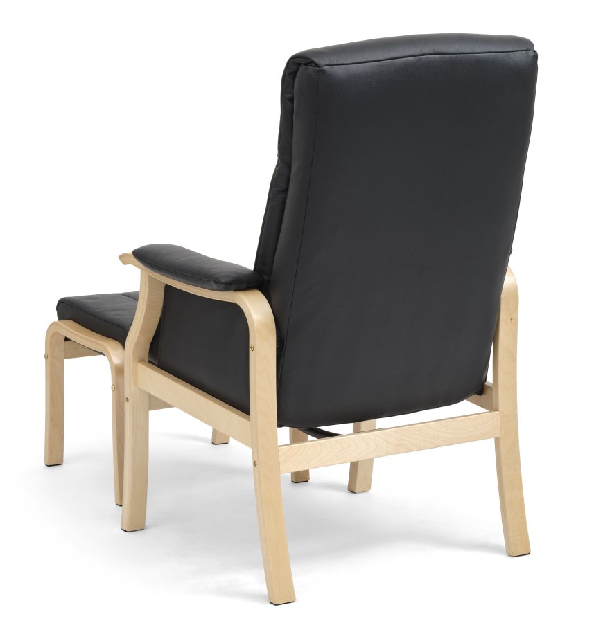 Oxford Relaxsessel, inklusive Fußhocker – schwarzes Kunstleder und Naturholz