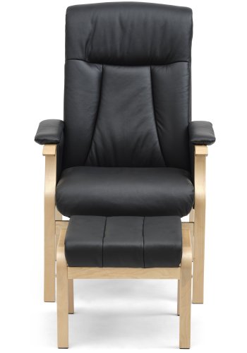 Oxford Relaxsessel, inklusive Fußhocker – schwarzes Kunstleder und Naturholz