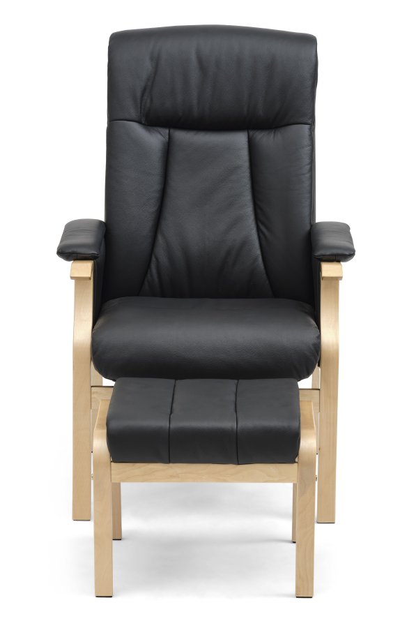 Oxford Relaxsessel, inklusive Fußhocker – schwarzes Kunstleder und Naturholz