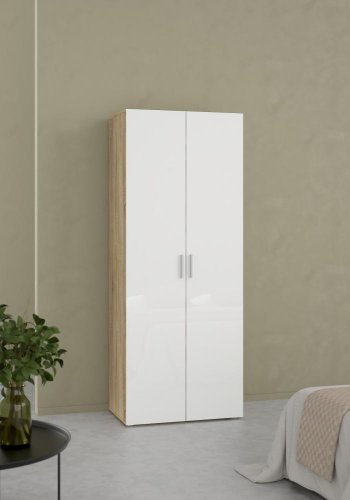 TVILUM Pepe Kleiderschrank 2-türig - ParcelOak Struktur Weiß Hochglanz