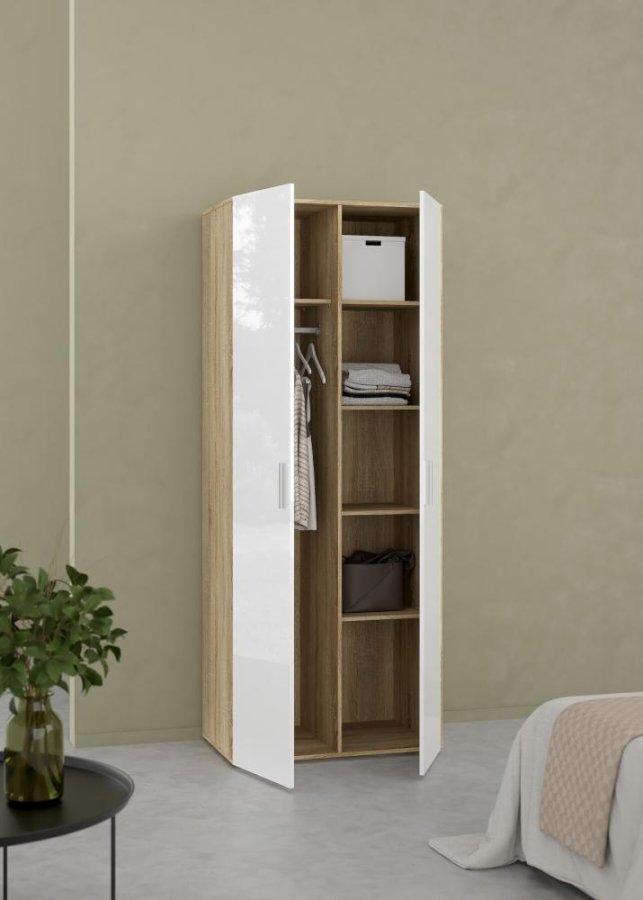 TVILUM Pepe Kleiderschrank 2-türig - ParcelOak Struktur Weiß Hochglanz