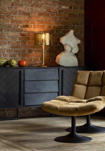 DUTCHBONE Bar-Fußhocker, rechteckig – goldbraunes Polyester und schwarzer Stahl (67 x 51,5)