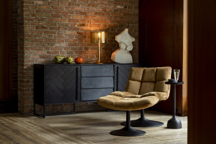 DUTCHBONE Bar-Fußhocker, rechteckig – goldbraunes Polyester und schwarzer Stahl (67 x 51,5)