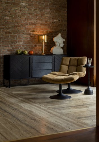 DUTCHBONE Bar-Fußhocker, rechteckig – goldbraunes Polyester und schwarzer Stahl (67 x 51,5)