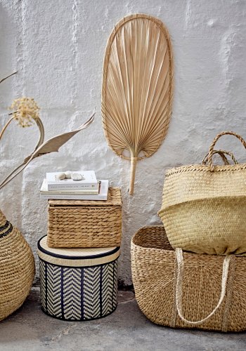 BLOOMINGVILLE Islim kurv m/lokk, svart, palmeblad, sett med 3