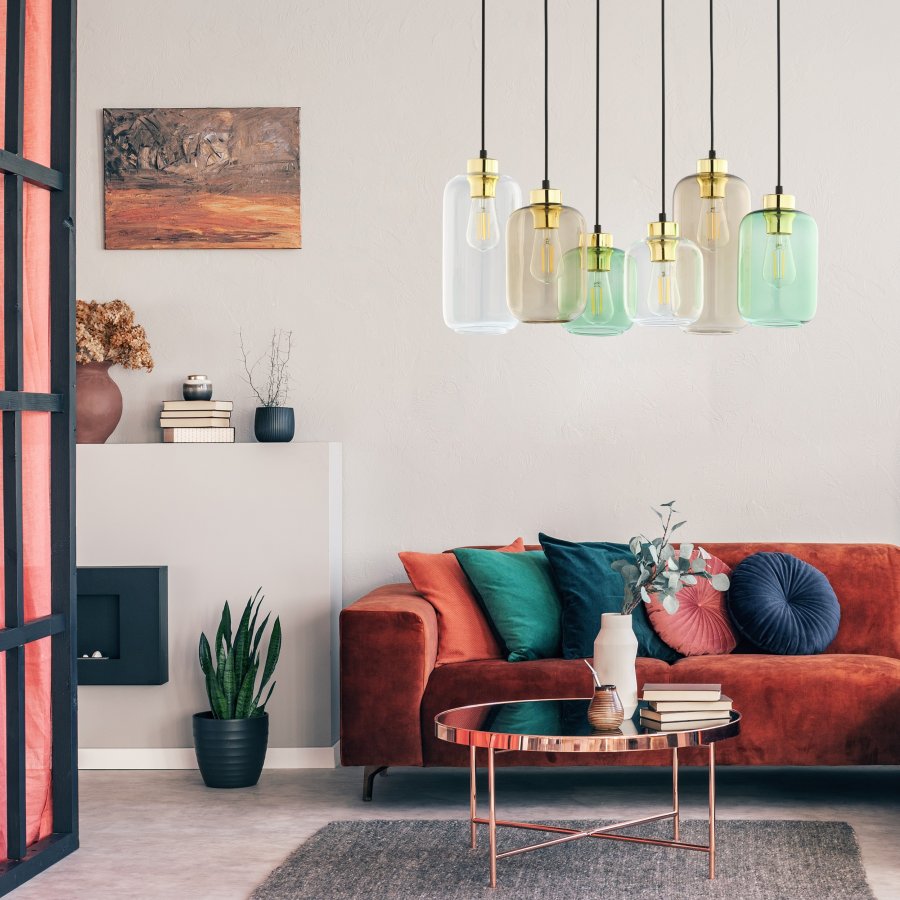 TK Marco taklampe, m. 6 skjermer - flerfarget glass