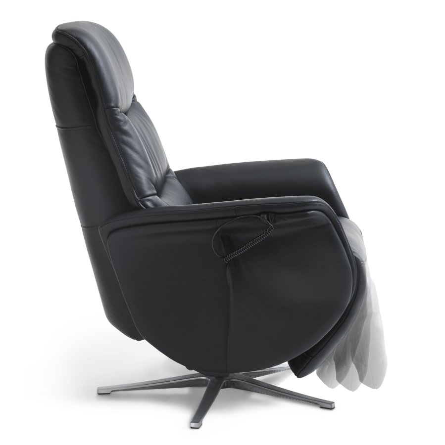 Vincent hvilestol, 2 motorer, armlener, vippefunksjon, fotskammel - svart skinn/PVC og slv aluminium