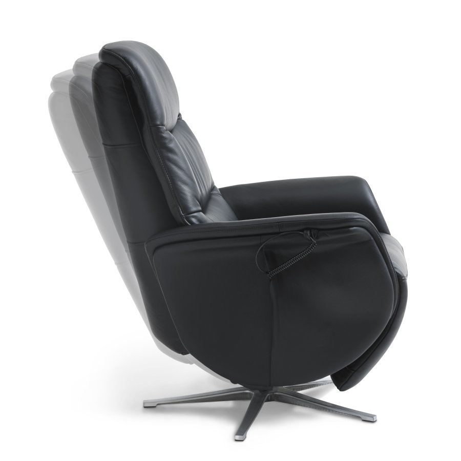 Vincent hvilestol, 2 motorer, armlener, vippefunksjon, fotskammel - svart skinn/PVC og slv aluminium