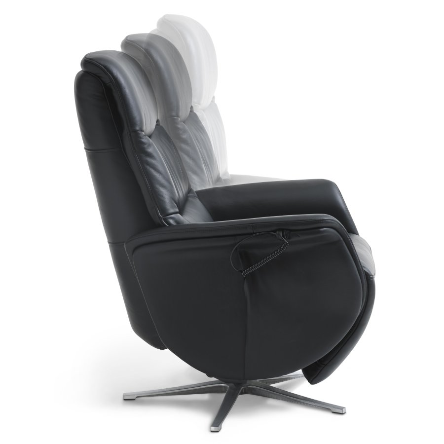 Vincent hvilestol, 2 motorer, armlener, vippefunksjon, fotskammel - svart skinn/PVC og slv aluminium