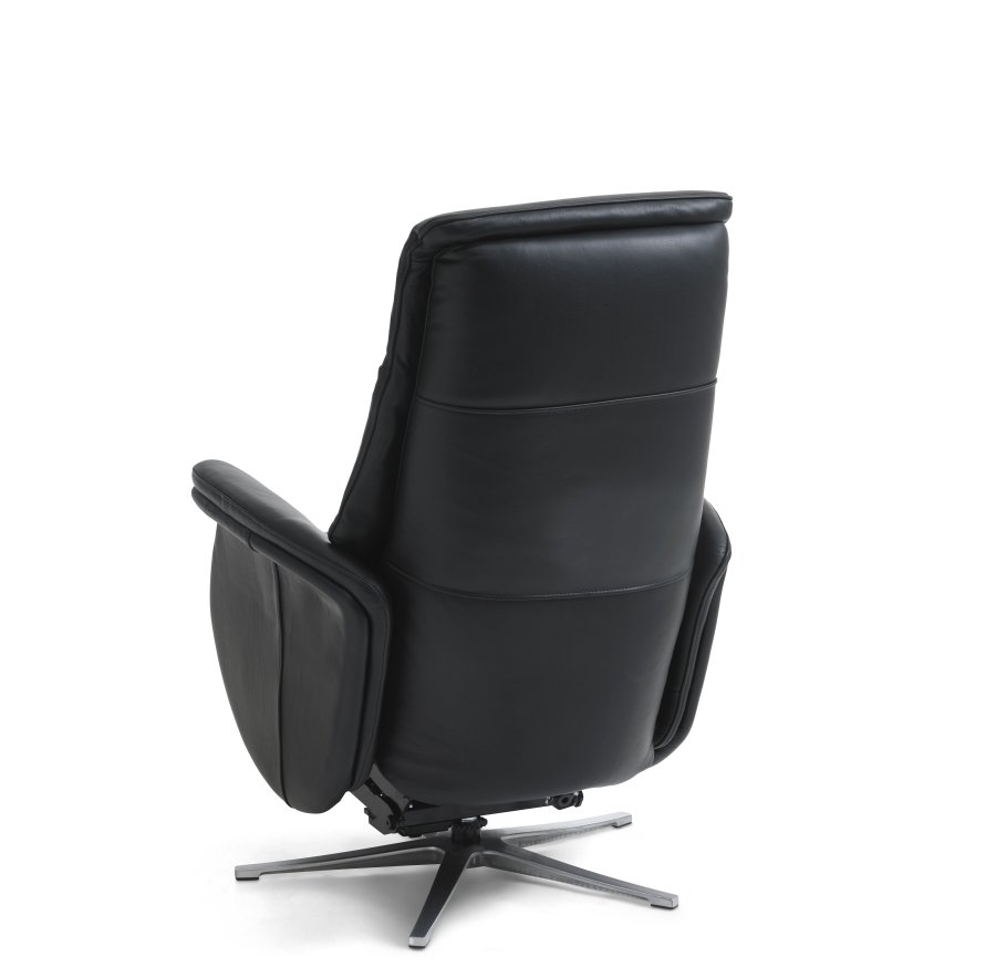 Vincent hvilestol, 2 motorer, armlener, vippefunksjon, fotskammel - svart skinn/PVC og slv aluminium