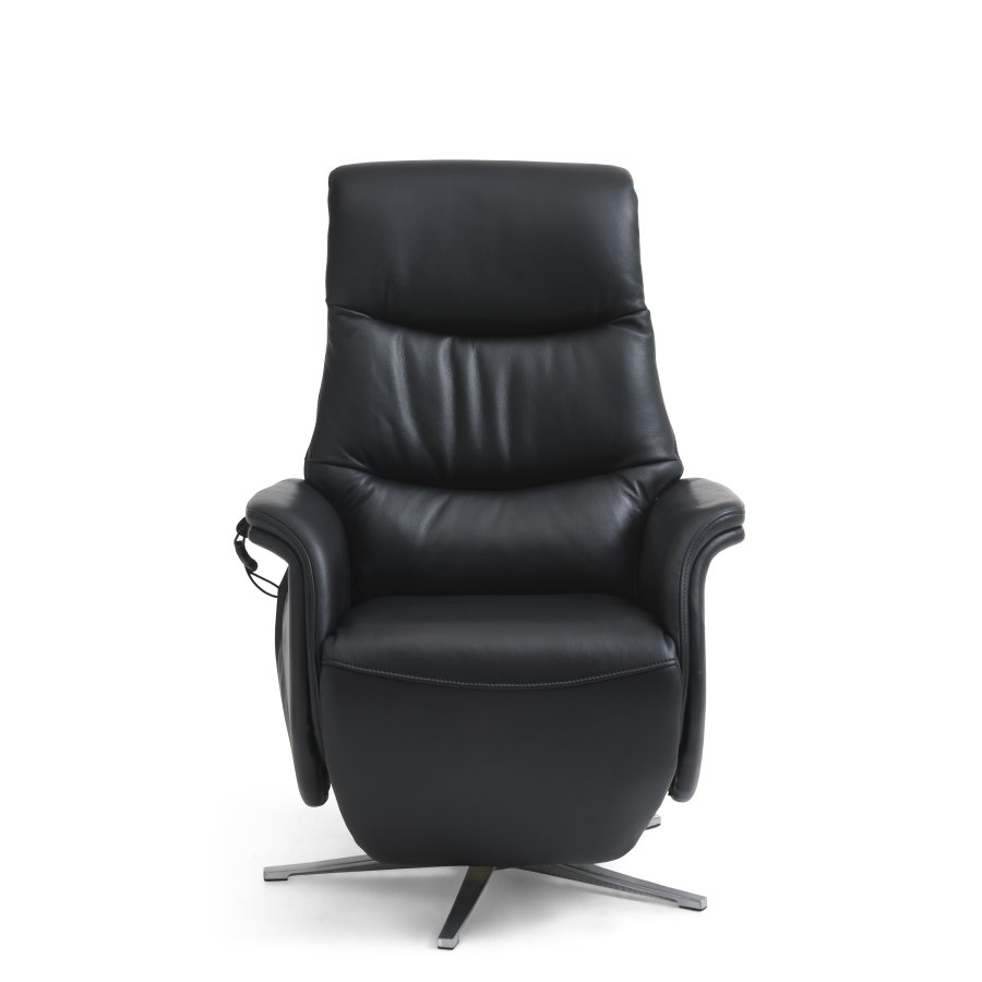 Vincent hvilestol, 2 motorer, armlener, vippefunksjon, fotskammel - svart skinn/PVC og slv aluminium