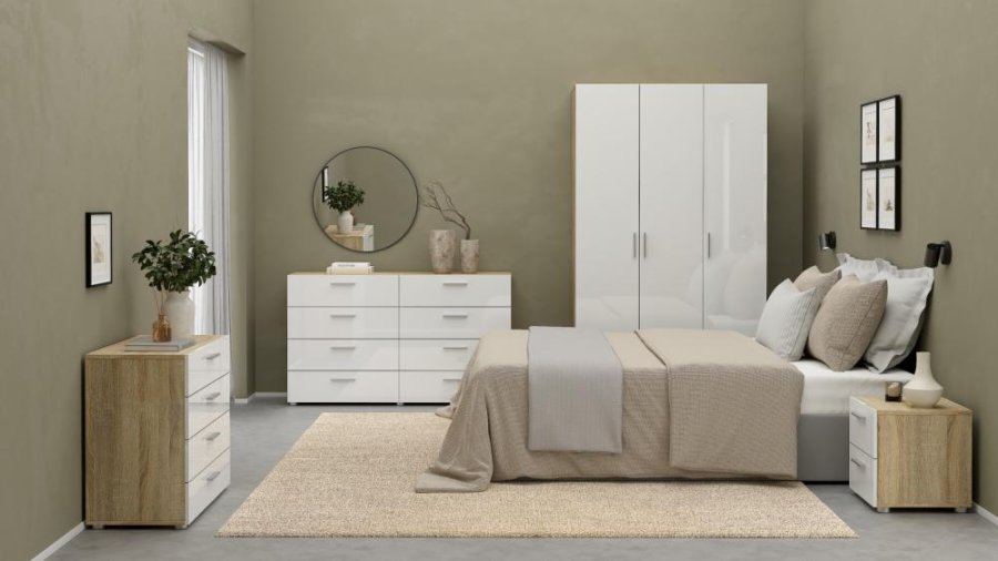 TVILUM Pepe Kleiderschrank 3-türig - ParcelOak Struktur Weiß Hochglanz