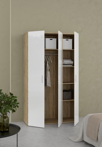 TVILUM Pepe Kleiderschrank 3-türig - ParcelOak Struktur Weiß Hochglanz
