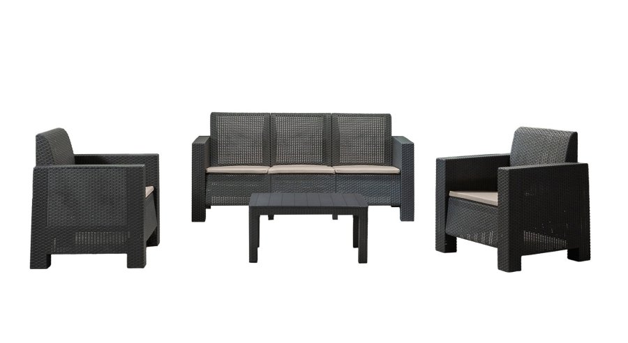 NORDVRK Aksu Takim utendrs loungesett, m. 2 stoler, 1 sofa, 1 bord - antrasittgr polypropylen