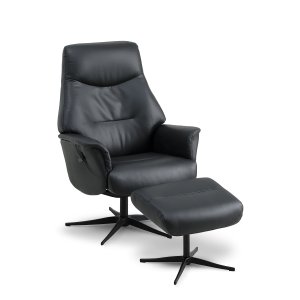 Villads lnestol, m. armln og vippefunktion, inkl. fodskammel - sort lder/PVC og sort metal