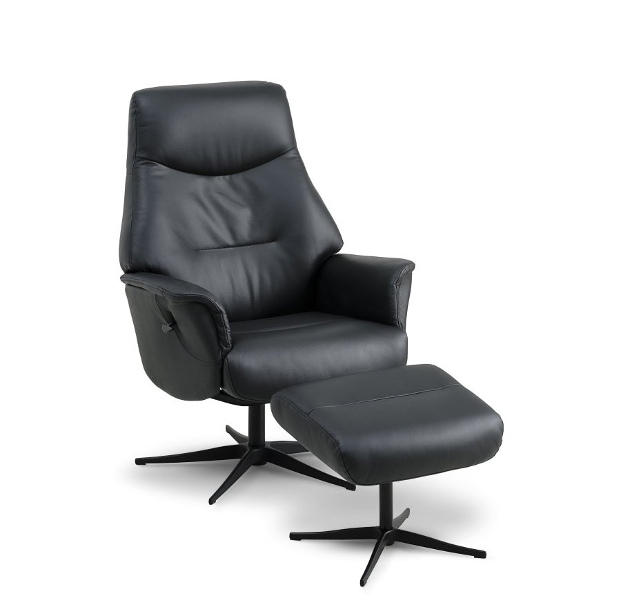 Villads lenestol, med armlener og vippefunksjon, inkl. fotskammel - svart skinn/PVC og sort metall