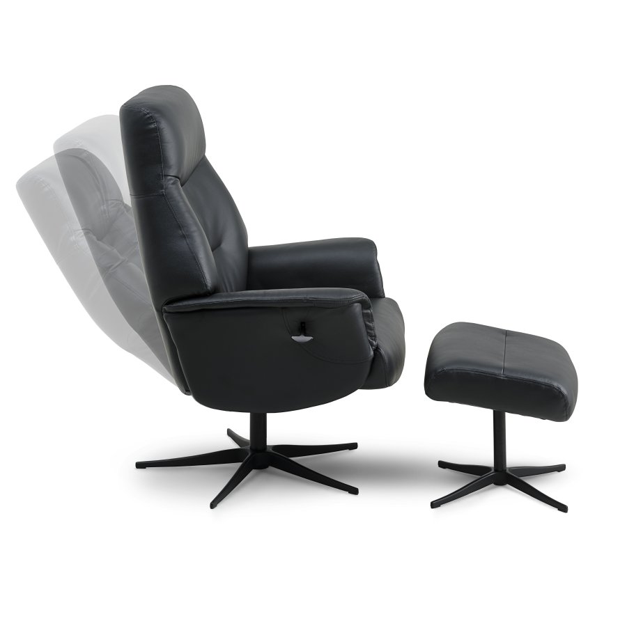 Villads lenestol, med armlener og vippefunksjon, inkl. fotskammel - svart skinn/PVC og sort metall