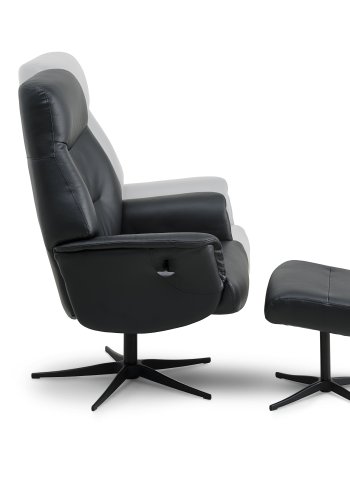 Villads lenestol, med armlener og vippefunksjon, inkl. fotskammel - svart skinn/PVC og sort metall