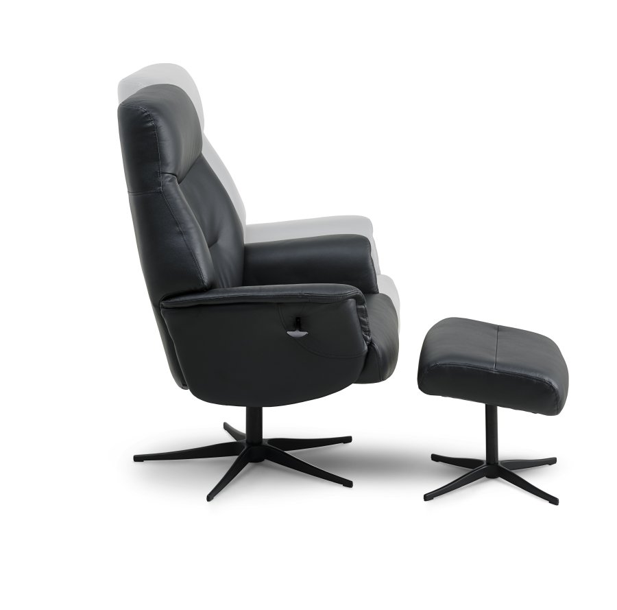 Villads lenestol, med armlener og vippefunksjon, inkl. fotskammel - svart skinn/PVC og sort metall