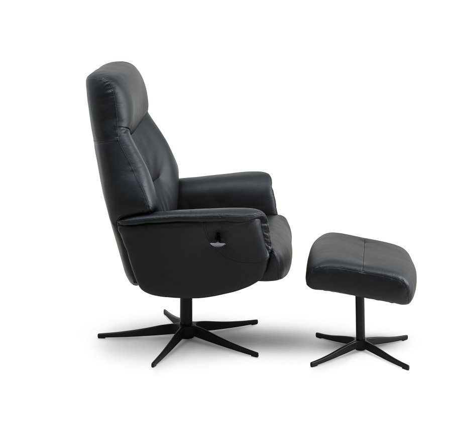 Villads lenestol, med armlener og vippefunksjon, inkl. fotskammel - svart skinn/PVC og sort metall