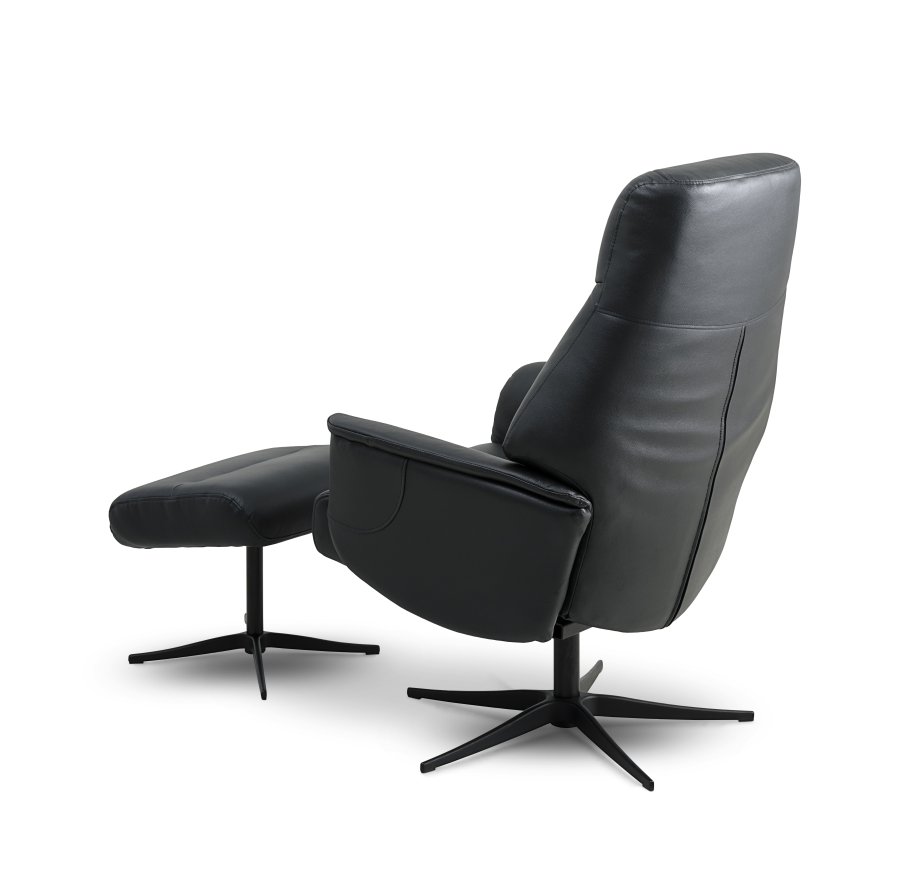 Villads lenestol, med armlener og vippefunksjon, inkl. fotskammel - svart skinn/PVC og sort metall