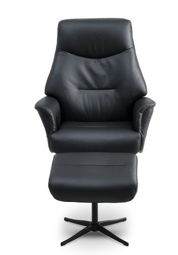 Villads lenestol, med armlener og vippefunksjon, inkl. fotskammel - svart skinn/PVC og sort metall