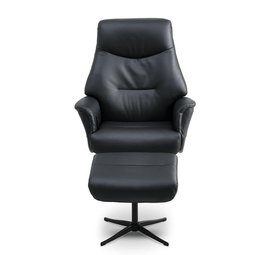 Villads lenestol, med armlener og vippefunksjon, inkl. fotskammel - svart skinn/PVC og sort metall