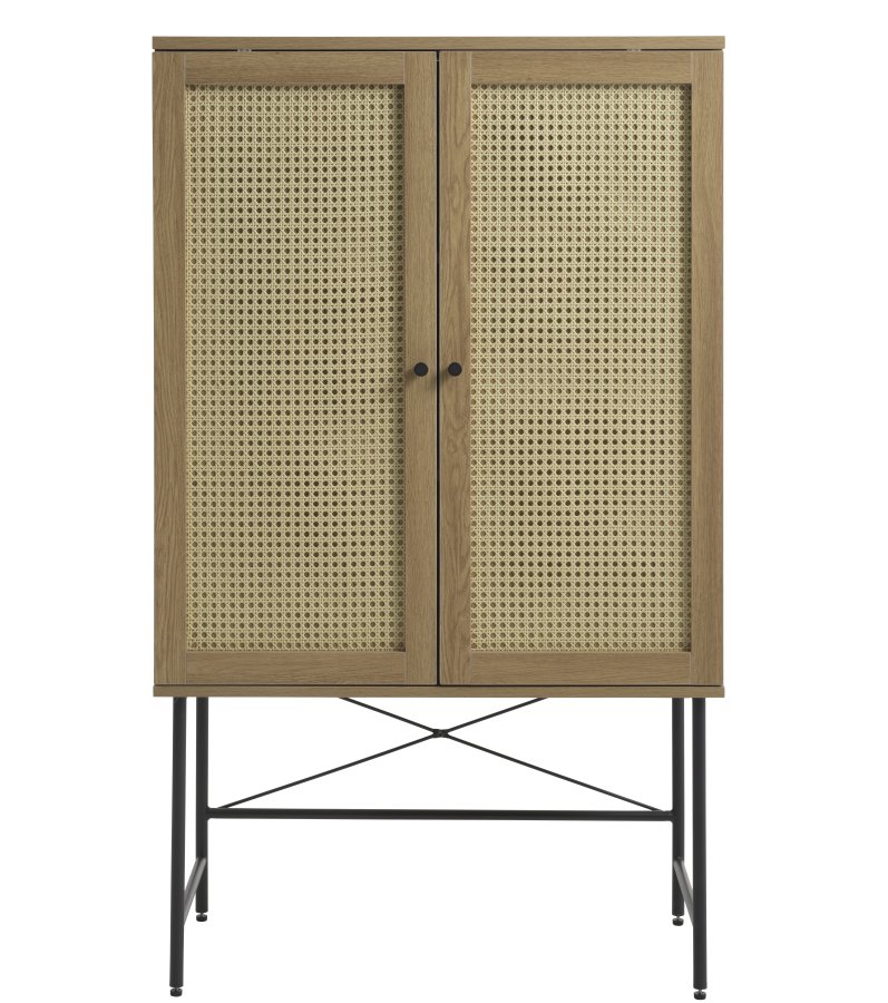 Pensacola-skap, med 2 drer og 2 hyller - naturlig polyrattan/eik melamin og svart metall