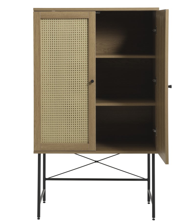 Pensacola-skap, med 2 drer og 2 hyller - naturlig polyrattan/eik melamin og svart metall