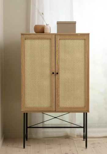 Pensacola skap, m. 2 drer og 2 hyller - naturlig eik, melamin og polyrattan