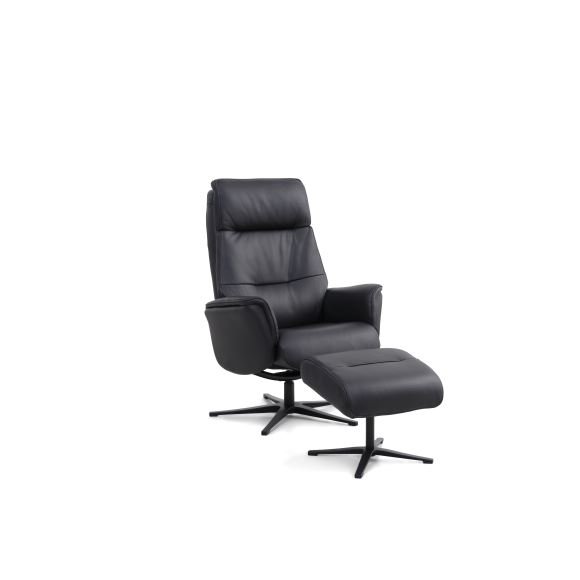 Malthe lenestol, m. fotskammel, vippefunksjon, armlener - svart semianilinskinn og svart metall