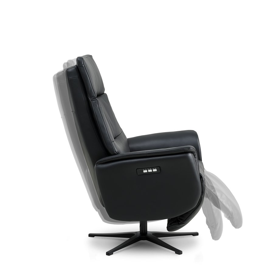 Malthe hvilestol, m. 3 motorer, armlener, vippefunksjon, fotskammel - svart semianilinskinn/metall