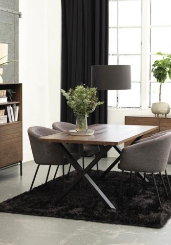 Easton spisebordstol, m. armlener - mrkegrtt stoff og sorte ben