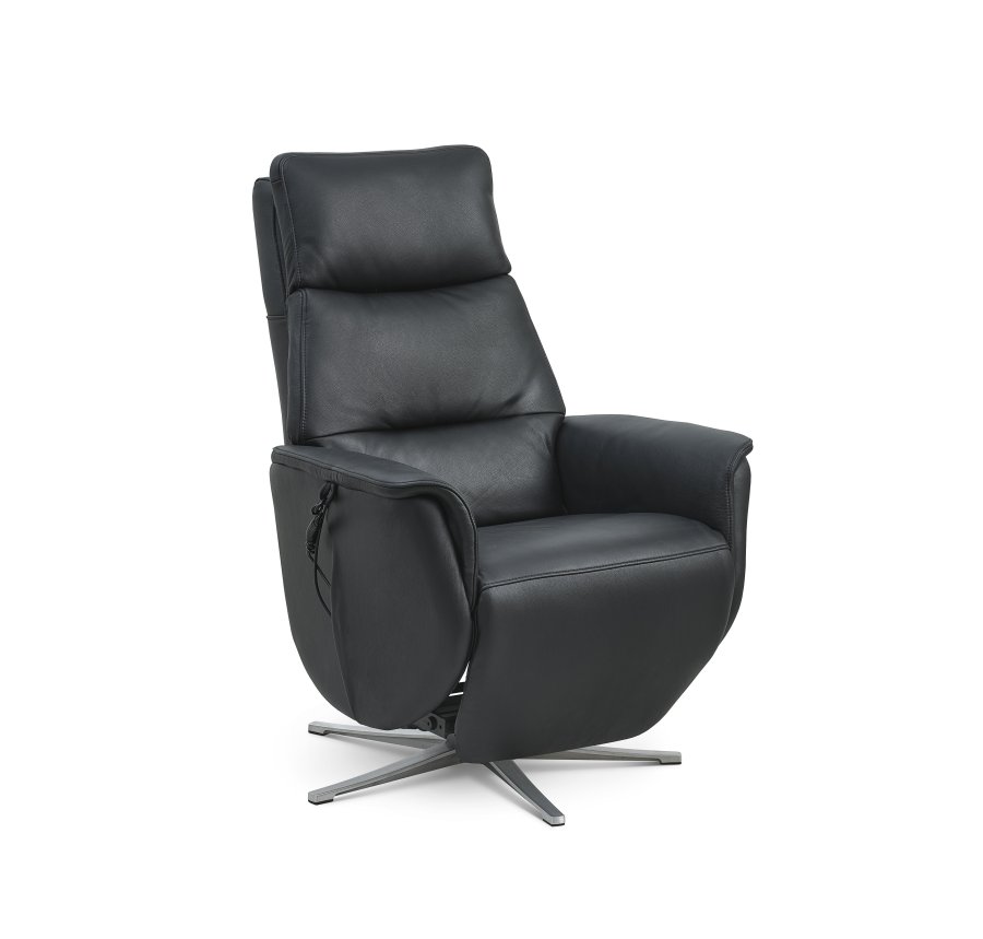 Nicolai hvilestol, 3 motorer, armlener, vippefunksjon, fotskammel - svart semianilinskinn, metall