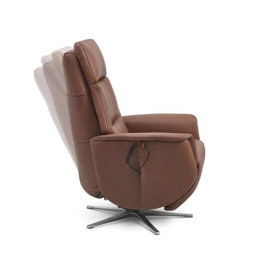 Nicolai hvilestol, 3 motorer, armlener, vippefunksjon, fotskammel - konjakk semianilinskinn, metall