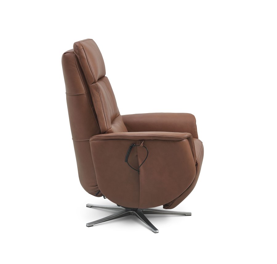 Nicolai hvilestol, 3 motorer, armlener, vippefunksjon, fotskammel - konjakk semianilinskinn, metall
