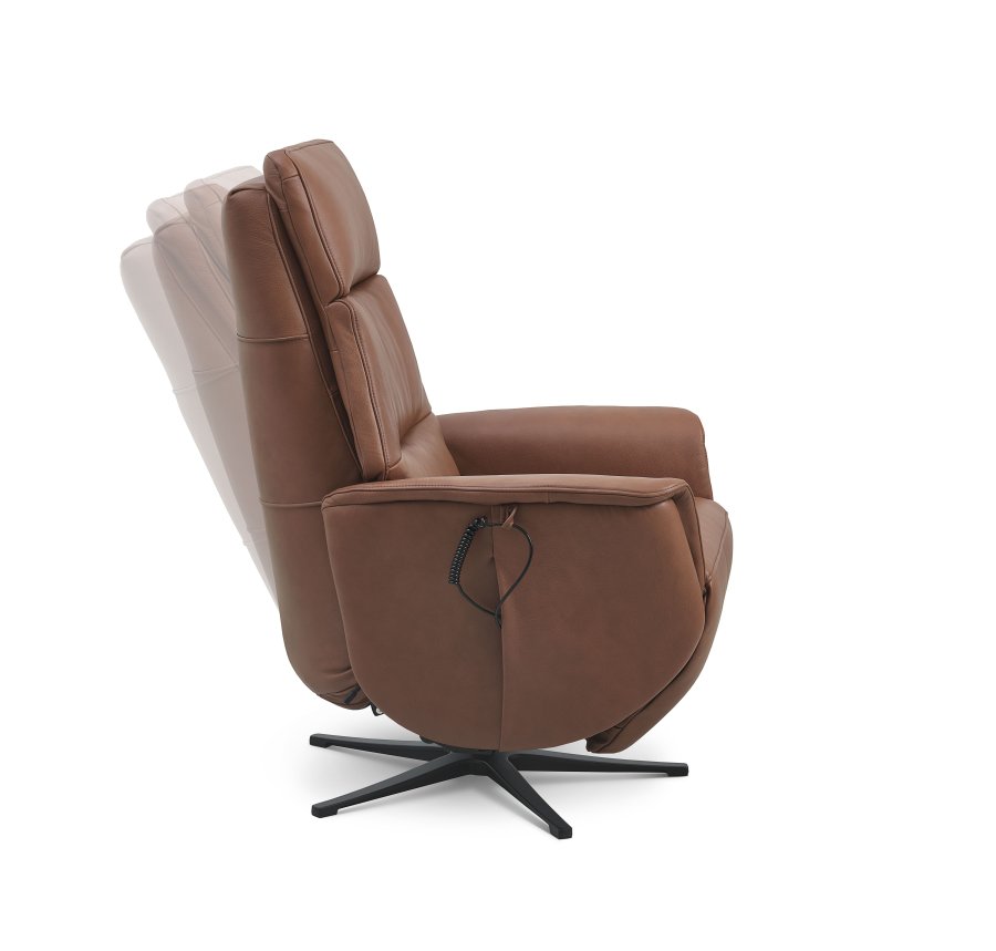 Nicolai hvilestol, 3 motorer, armlener, vippefunksjon, fotskammel - konjakk semianilinskinn, metall