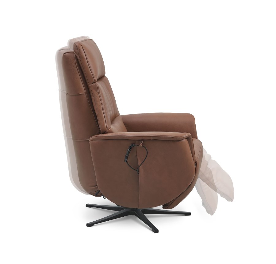 Nicolai hvilestol, 3 motorer, armlener, vippefunksjon, fotskammel - konjakk semianilinskinn, metall