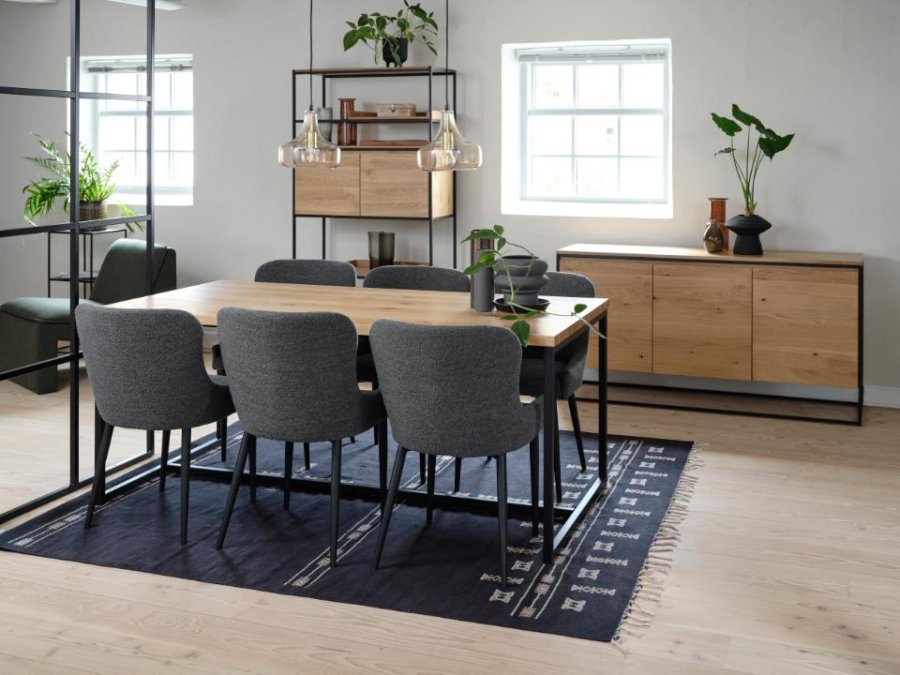 Ontario spisebord stol - dyp gr bouclé og svart metall