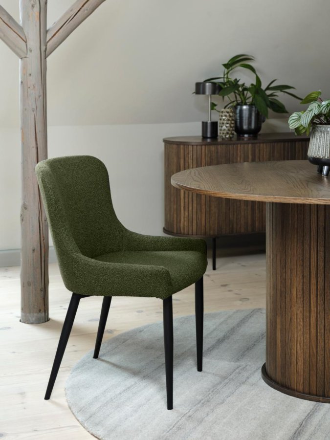 Ontario spisebordstol - skoggrnn bouclé og svart metall